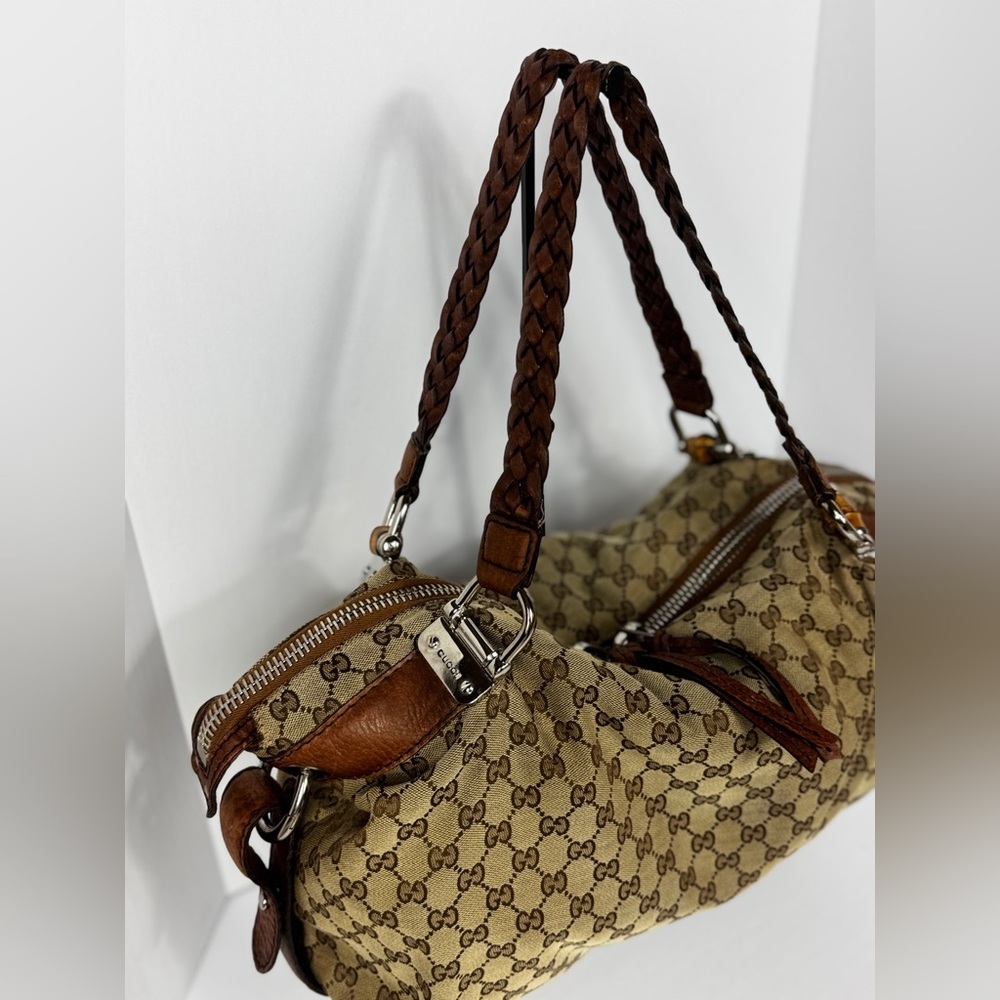 Gucci Tan and Brown Monogram Silver Hardware Shoulder Bag - Picture 3 of 12
